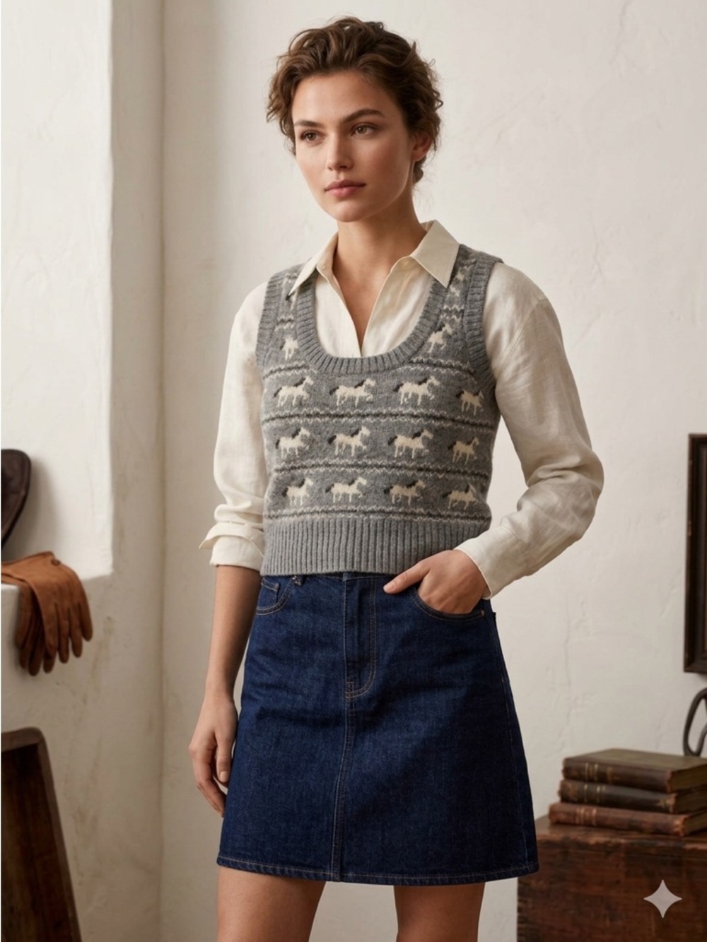 Archive H&M Equestrian Horse Intarsia Knit Vest Y2K- Gray/White XS